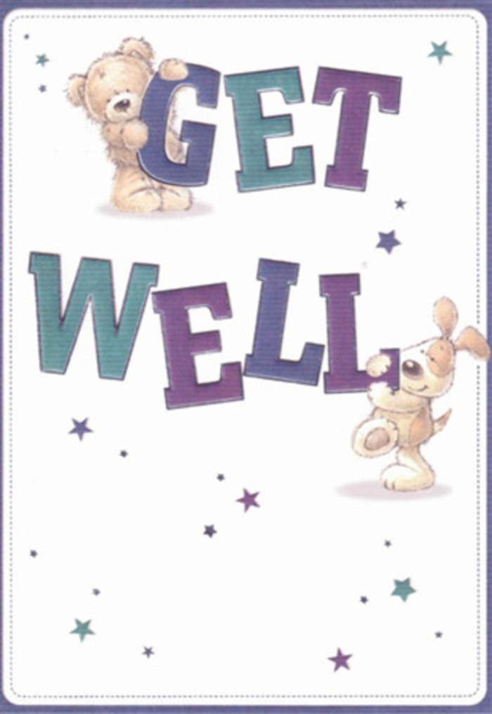 Celebrating encouragement in its purest form, this lively get well card features the delightful companionship of a bear and a puppy surrounded by a cascade of whimsical stars. These playful figures are rendered with such tender attention that you can sense the comforting texture of their illustrated fur, their cozy presence echoing the familiar comfort of home in Twickenham. The bold 'Get Well' lettering, shaded in a joyful palette of deep violets and restful aquas, grounds the scene-much like the strong sense of community that thrives in the lanes near Twickenham Green. Stars drift across a clean ivory background, bestowing gentle wishes in every direction. The tactile qualities are vivid, as if the soft plush of the bear and the velvety puppy ears could be felt with a gentle touch. Sending this image is like pairing a hand-selected bouquet with a heartfelt message from Flowers Twickenham, offering a real and lasting uplift. The scene's airiness and playful optimism are the perfect antidote for anyone in need of cheer around the local area, providing a burst of genuine warmth with every glance.